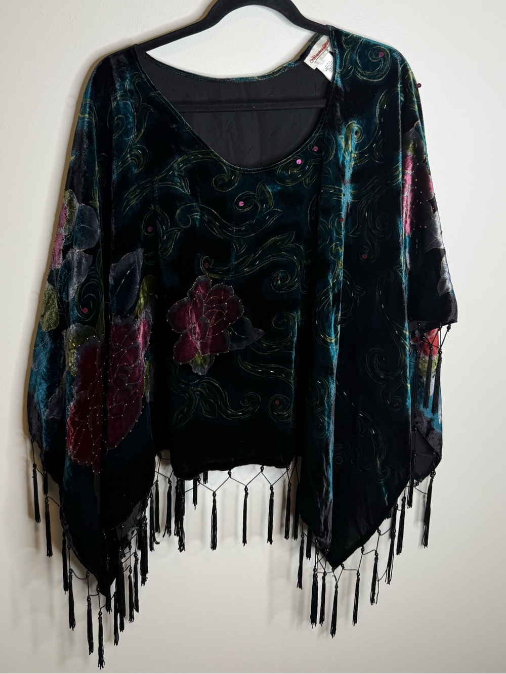 Coldwater Creek Black Velvet Floral Fringe poncho one size
